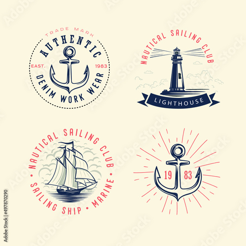 Set of vintage nautical labels and icons.