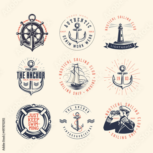Set of vintage nautical labels and icons.