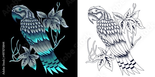 mythical parrot vector illustration in neon color style