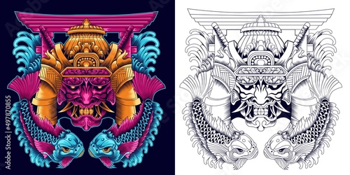 oni mask with koi fish and tori gate vector illustration in detailed style