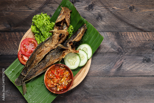 Lele Goreng sambal bawang or Fried Catfish is traditional Indonesian culinary food. Catfish and garlic chilli sauce. photo