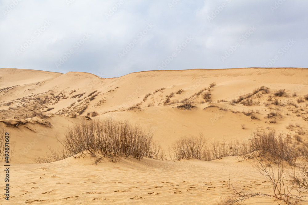 Sarykum dune. Dagestan, Russia. A unique sandy mountain in the Caucasus on a cloudy day. Grass grows on a sand dune.