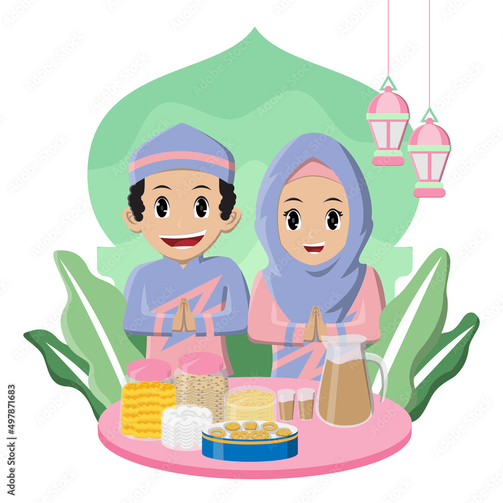 Kids Greeting Eid Mubarak with Snack and Cookies for Eid Al-Fitr Kids Greeting Eid Mubarak with Snack and Cookies for Eid Al-Fitr