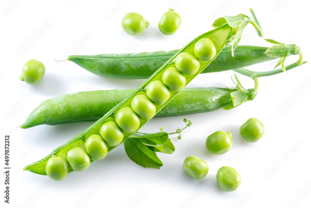 Perfect green peas in pod isolated on white background. - obrazy, fototapety, plakaty 