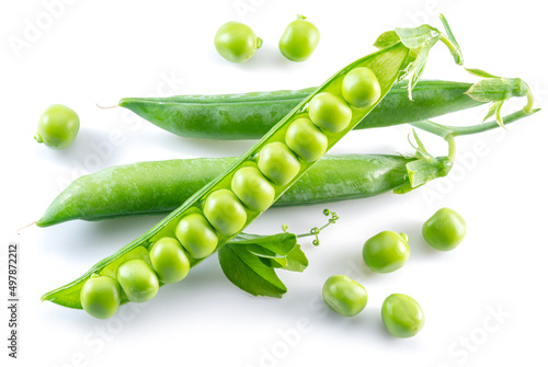 Perfect green peas in pod isolated on white background. photo