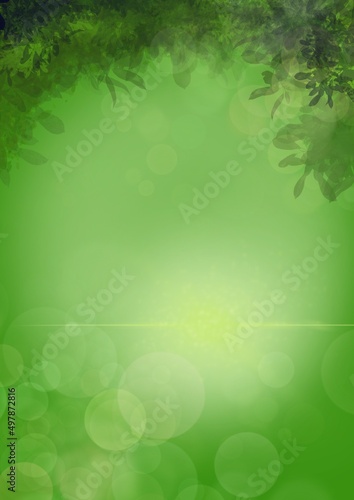 Green leaves bokeh abstract background. copy space for text and product advertisement.