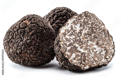 Canvastavla Black winter truffles and truffle cross section on white background