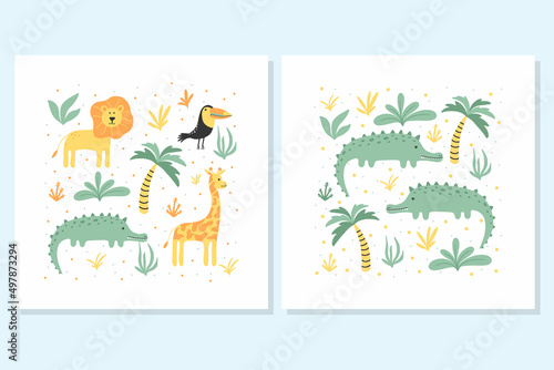 Children s poster set with jungle animals. Drawn posters for children. Posters with crocodile  lion  giraffe and toucan. Vector illustration.