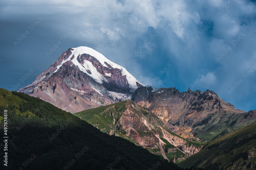 Mount Kazbek view from Stepantsminda town in Georgia in good weather