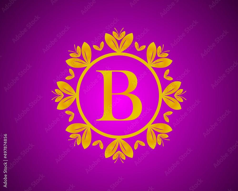 Naklejka premium Alphabet B luxury logo design with gold color gradation and gold leaf circle suitable for bathing, hotel, beauty and grooming. against a violet VelVet background.