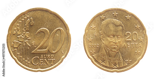 greece - circa 2002: a 20 cent coin of greece with the map of europe and the portrait of the first president ioannis kapodistrias