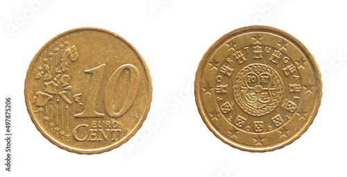 Portugal - circa 2002: a 10 cent coin of Portugal with the map of Europe and a graphic representation in the shape of a sun and  and word marks from 1143