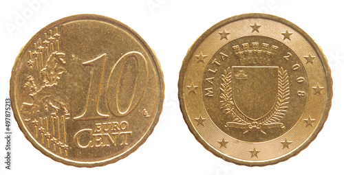 Malta - circa 2008: a 10 cent coin of Malta with the map of Europe and the coat of arms of Malta photo