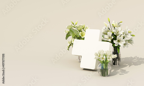World Red Cross Day, realistic illustration of red cross symbol in white color with white flowers pot, white background. 3d render photo