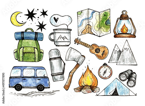 tourism, hiking and vacation doodle icons set. camping watercolor illustration. for printing on stickers, logos, postcards, cards. summer travel.