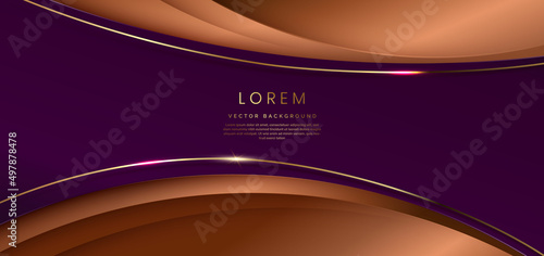 Abstract elegant template violet curve shape on brownbackground with gold lines curved wavy sparkle with copy space for text.