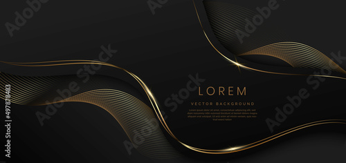 Abstract 3d black background with gold lines curved wavy sparkle with copy space for text. Luxury style template design.