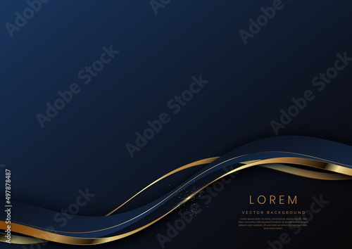 Abstract 3d dark blue background with ribbon gold lines curved wavy sparkle with copy space for text. Luxury style template design.