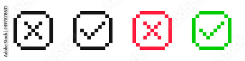 Pixel check mark and cross. Yes and no buttons. 8-bit Video game style. Vector illustration photo