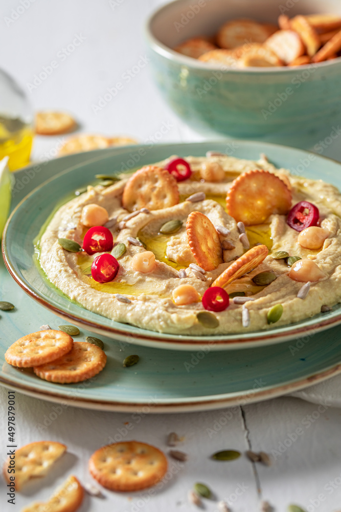 Vegan and traditional hummus as healthy snack. Vegan and traditional hummus as healthy snack.