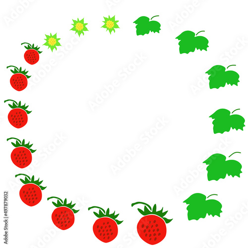 Fruit round frame with wild forest strawberries, leaves isolated on white background, vector eps 10