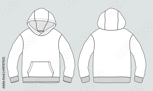 Long sleeve hoodie technical fashion Drawing sketch template front and back view. apparel dress design vector illustration mock up jacket CAD. Easy edit and customizable.
