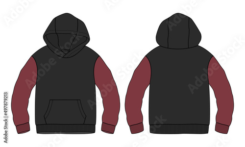 Two tone black and red color long sleeve hoodie technical fashion flat sketch vector illustration template front and back views isolated on white background.