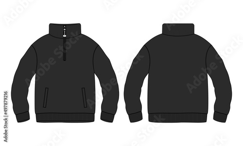 Cotton jersey fleece jacket Sweatshirt technical fashion Flat sketch Vector illustration Black Color template Front and back views. Flat apparel Sweater Jacket mock up Cad. 