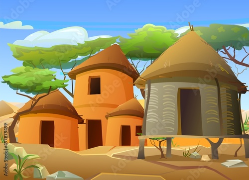 Africa village. Rural houses made of clay and straw. African landscape. Rocky desert and blue sky. Acacia trees. Vector