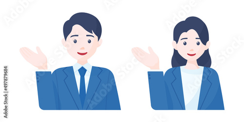 スーツを着た男性と女性のビジネス用イラスト. 主線なしのフラットデザイン. ベクターイラスト