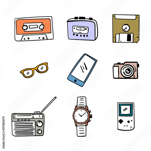 90s stuff nostalgia elements with walkman, disk, camera, radio, cassette and game boy isolated on white background.