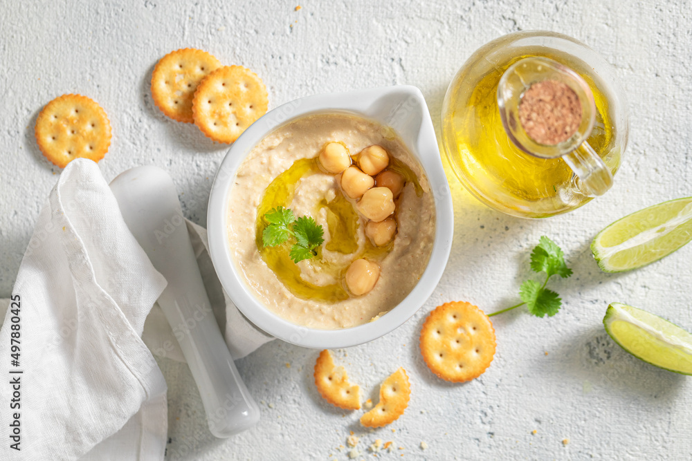 Delicious and homemade hummus as quick appetizer. Delicious and homemade hummus as quick appetizer.