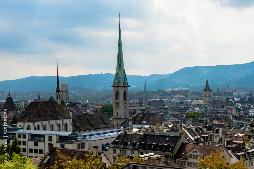 Zurich center. Image of ancient European city, view from the top