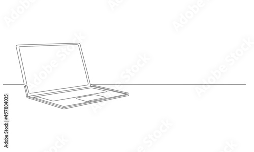 single line drawing of laptop computer isolated on white background, continuous line vector illustration