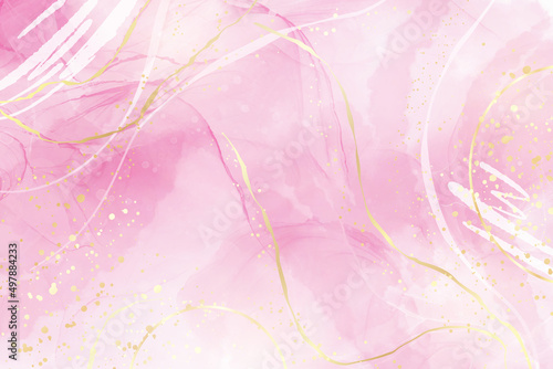 Rose pink liquid watercolor background with golden dots. Dusty blush marble alcohol ink drawing effect. Vector illustration design template for wedding invitation, menu, rsvp