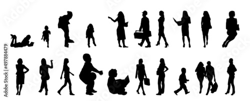 Vector silhouettes, Outline silhouettes of people, Contour drawing, people silhouette, Icon Set Isolated, Silhouette of sitting people, Architectural set	
