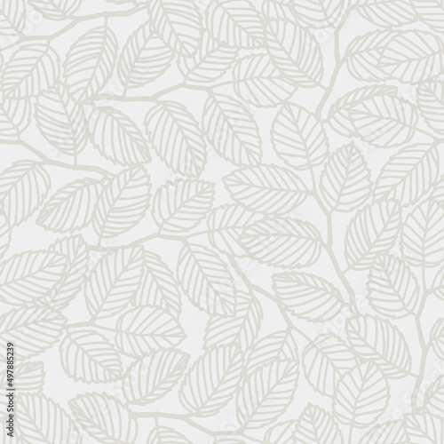 Seamless pattern with elm tree branches and leaves on light background for surface design, wallpaper, fabrics, home decor. Monochrome pastel realistic line art