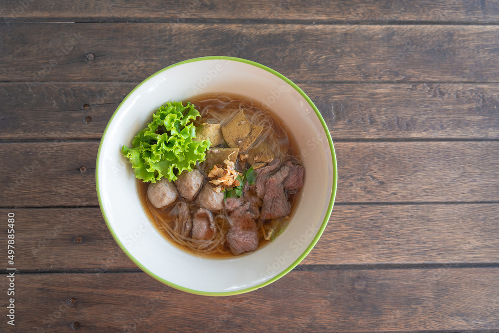 Beef noodles with braised beef, liver, and meatball are delicious food