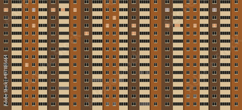 Illustration of an apartment building. Large brown building with balconies. Vector graphics