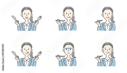 手描き風・食事をする女性のベクターイラストセット