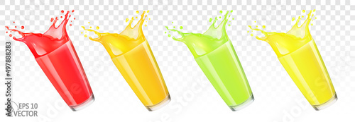 Set of fresh fruit juice in a glass with splash and drops. Tropical fruit, strawberry, peach, mango, lime, pineapple. 3d realistic vector illustration