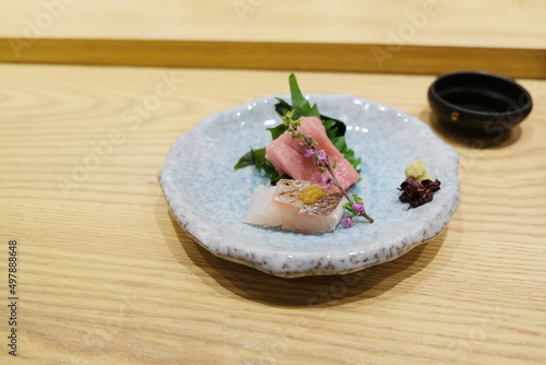 The Bluefin Tuna Belly and madai sea bream sashimi.  photo