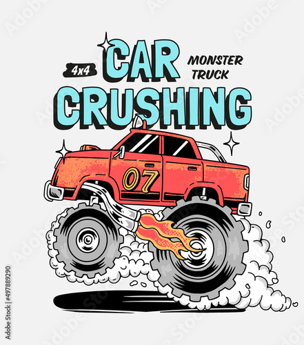 Hand drawn cartoon monster truck. Vector illustrations for apparel prints and other uses.