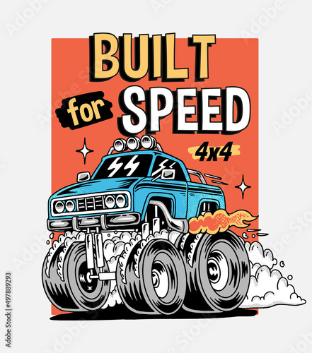 Hand drawn cartoon monster truck. Vector illustrations for apparel prints and other uses.