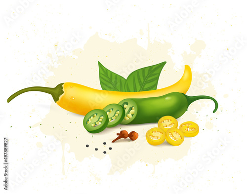 Yellow and Green chilli pepper vector illustration with chilli pieces