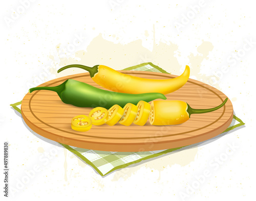 Green and yellow chilli pepper vector illustration with chilli pieces on a round chopping board