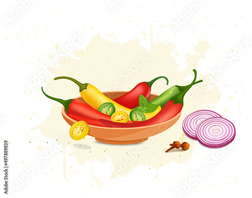 Red and Yellow chili pepper in a wooden bowl with onion pieces vector illustration