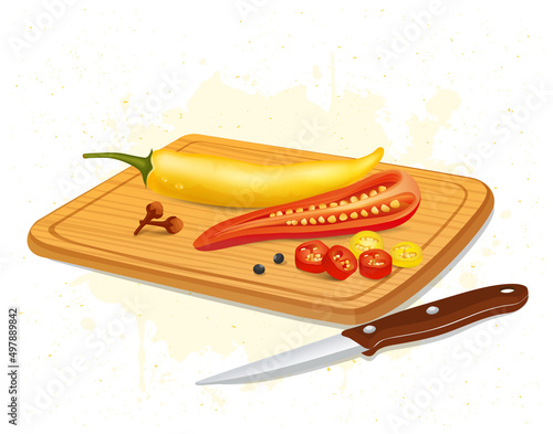 Red and yellow chilli vector pepper illustration with wooden chopping board