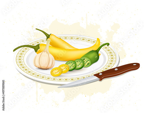 Yellow and Green chilli vector illustration with garlic cloves and chopped chilli pepper