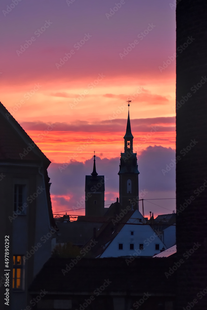 Christian church called Petrikirche in the city of Freiberg in Germany during a beautiful sunset.
